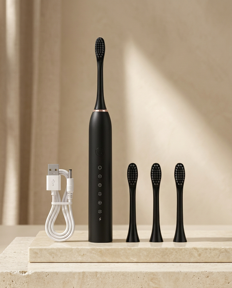 SONA Six-Mode Sonic Toothbrush — Black four-head set editorial layout