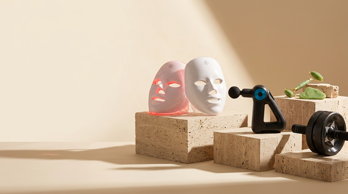 LUXWELL LED therapy mask, massage gun, jade roller and ab roller on sunlit travertine plinths