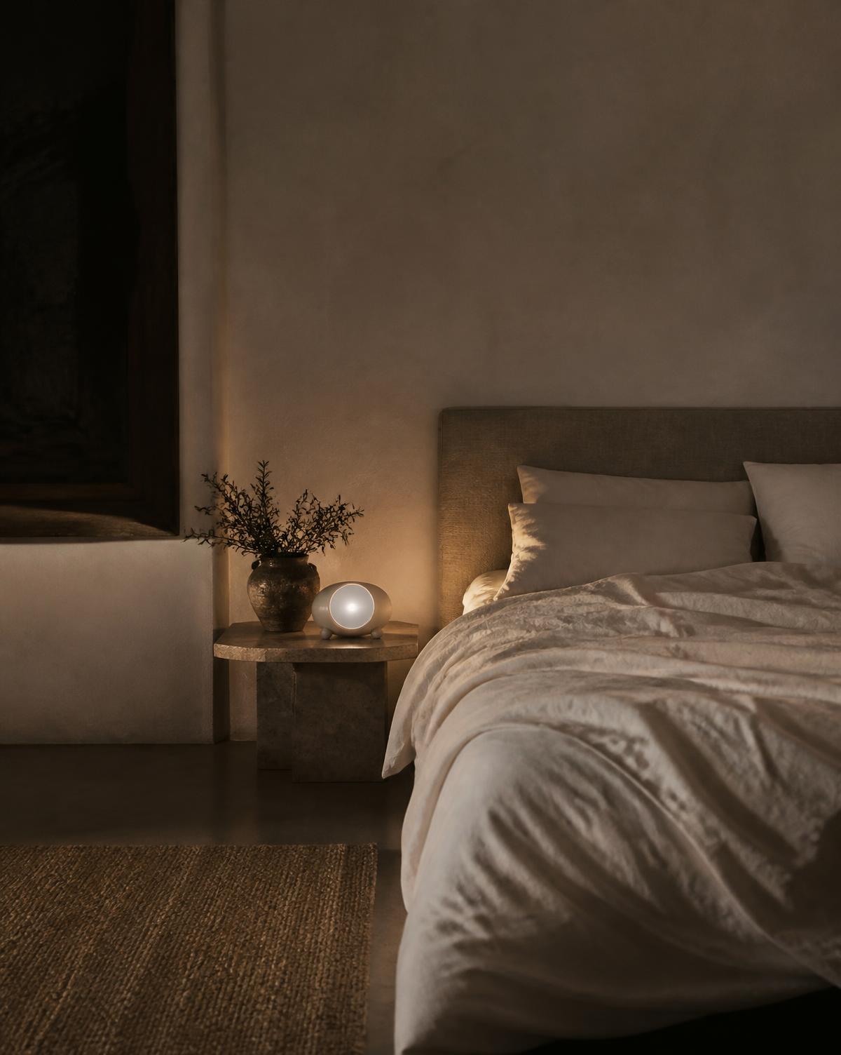 Dimly lit bedside table with warm evening light on a stone surface