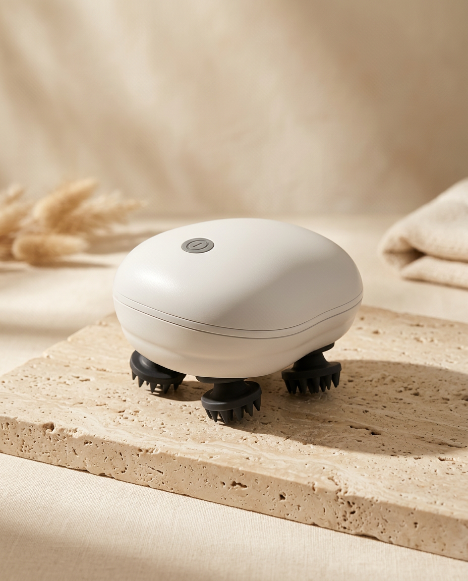 REVIVE Scalp Massager — white massager on travertine